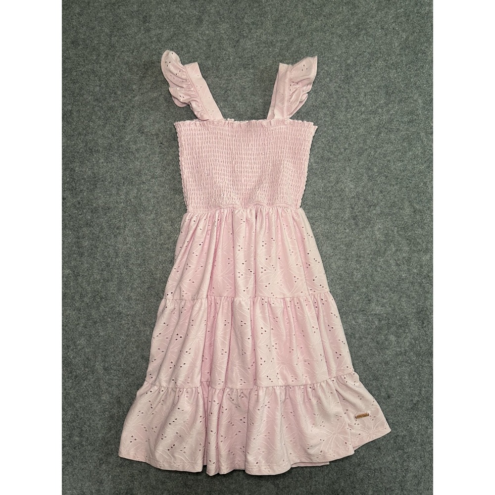 Tahari Smocked Tiered Eyelet Dress 6 Pink Ruffle Sleeve Cotton Blend